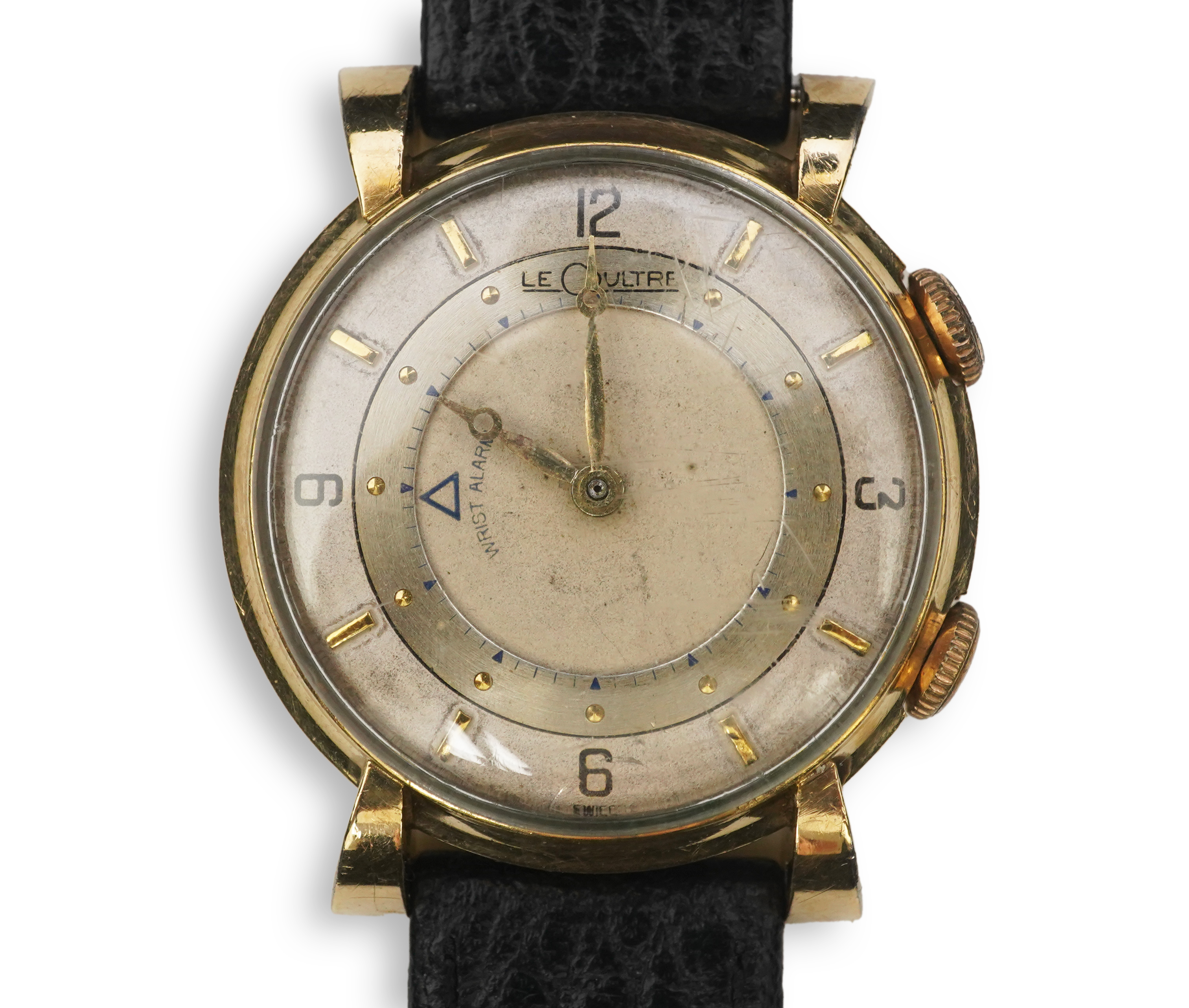 A gentleman's 1950's? 10k gold filled Jaeger LeCoultre Memovox manual wind wrist watch, on a later associated leather strap